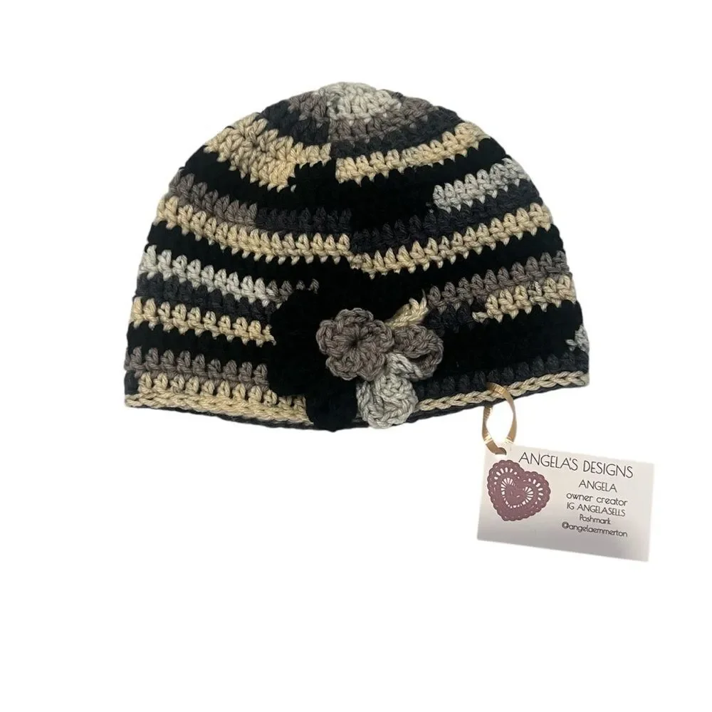 NWT Angelas Designs hand crocheted one of a kind grey black tan hat with flower